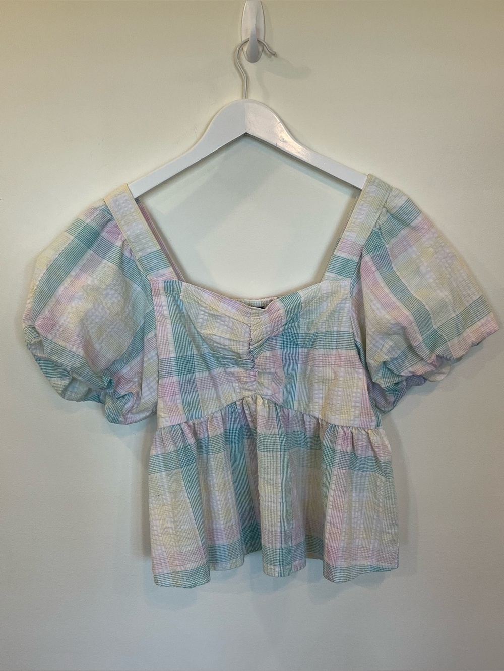 Old Navy Top Womens Size M Pastel Plaid Puff Sleeve Smocked Crop Cottagecore